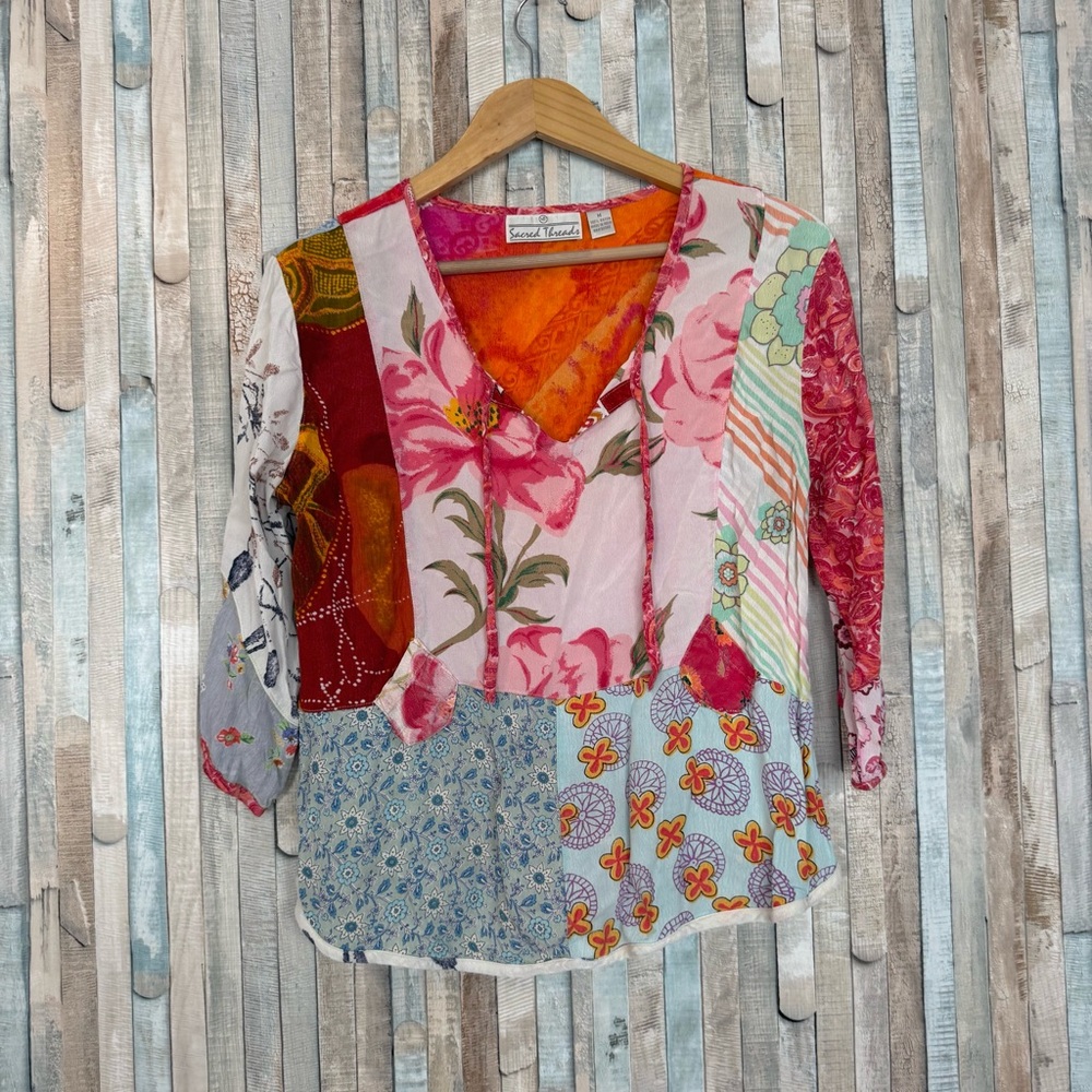 Sacred Threads M Vintage Patchwork Print Top Blou… - image 1